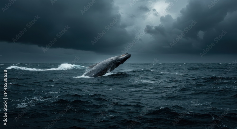 Fototapeta premium Whale breaching in stormy sea, Photo