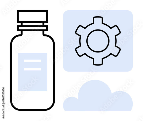 Medicine bottle alongside gear and cloud icons. Ideal for healthcare, technology, innovation, development, pharmaceutical research, digital health transformation, simple landing page