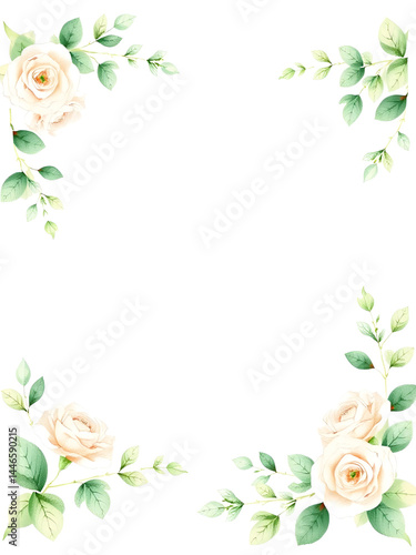 Watercolor vector corner border frame. Green eucalyptus leaves and white roses. Greenery clipart for wedding invitation, greeting cards, save the date, stationery design. Hand drawn illustration.