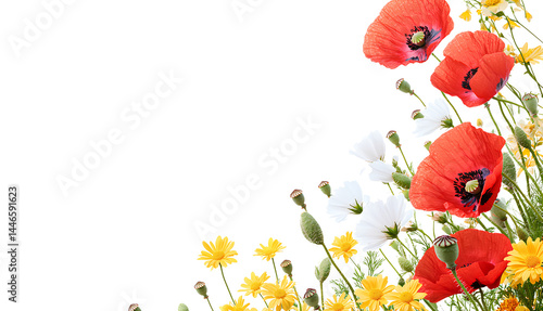 Transparent background with a poppy flower border on the right side, white space in the center of the picture, in PNG style and forma