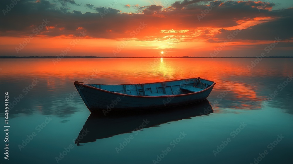 Serene boat adrift in fiery sunset Serene boat adrift in fiery sunset