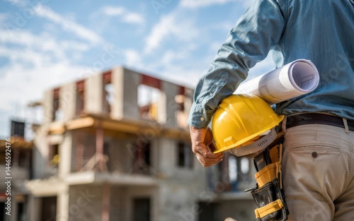 Construction worker with plans and helmet stands near building under construction