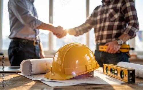 Successful partnership: Architects shaking hands over construction blueprints