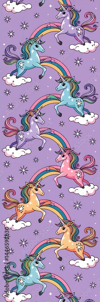 Fototapeta premium Colourful Unicorn Cartoon Pattern Illustration for Nursery Decor: Whimsical and Joyful Design for Kids' Room with Vibrant Rainbow and Magical Elements
