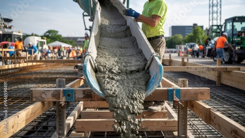 Pouring concrete into forms, construction worker overseeing cement installation