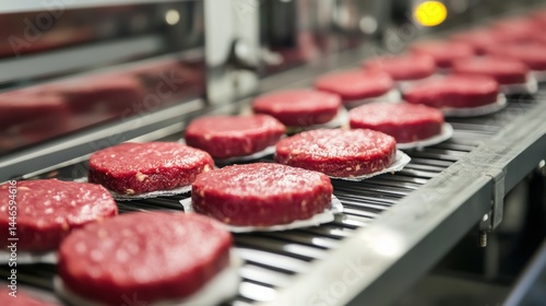 Freshly formed beef patties on a production line in a busy meat processing facility