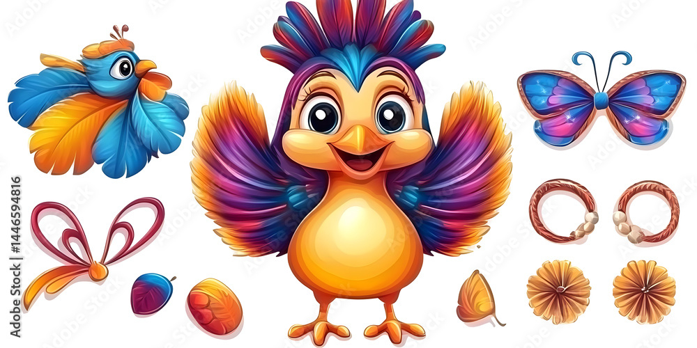 Obraz premium Colorful Happy Parrot Illustration With Accessories For Kids Design