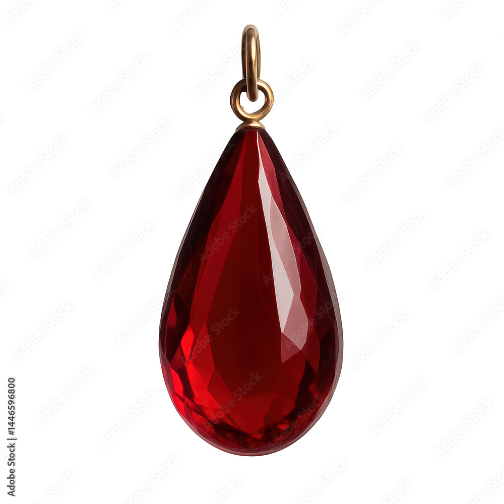 Obraz premium A stunning deep red faceted teardrop pendant, its polished surface catching the light with brilliant sparkle.