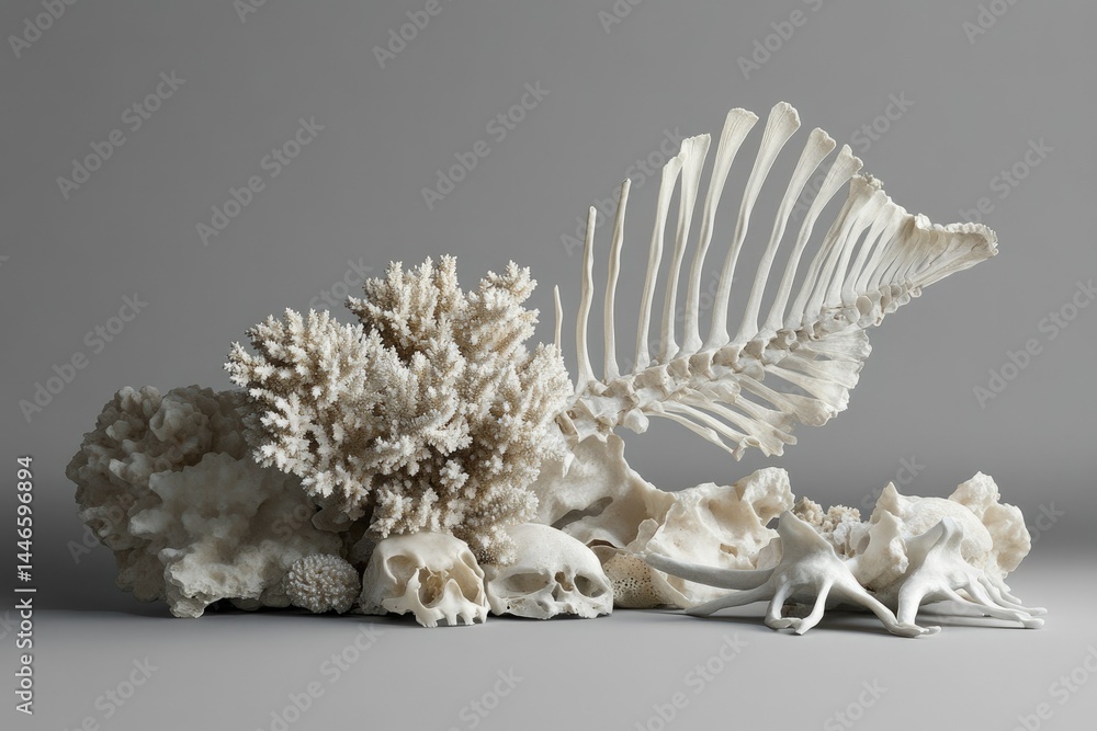 Obraz premium A still life arrangement featuring bleached coral, animal bones, and skulls, creating a serene yet macabre aesthetic.
