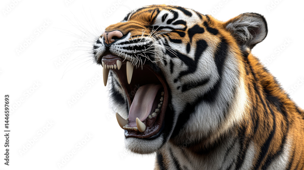 Obraz premium Close-up Image of a Roaring Tiger with Open Mouth Isolated on White Background – Fierce Wildlife Animal Portrait in High Detail