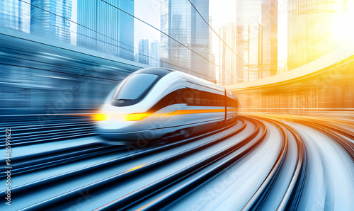 A sleek train speeds through a vibrant city, bathed in golden sunlight. The architecture adds a modern backdrop