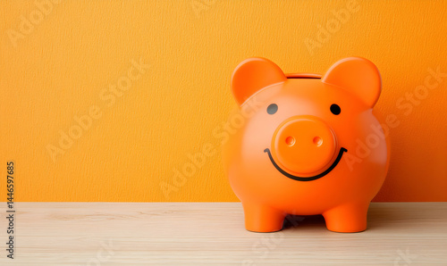 A smiling orange piggy bank sits on a light wooden surface against a vibrant orange textured wall. Savings concept