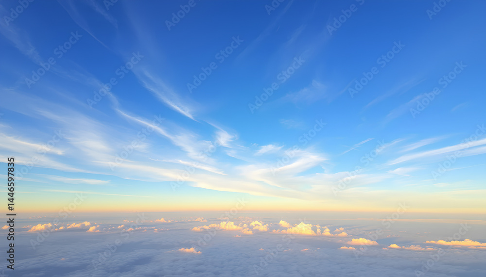 Obraz premium High-altitude cirrus clouds creating artistic patterns in a crystal clear blue sky, captured during golden hour 2