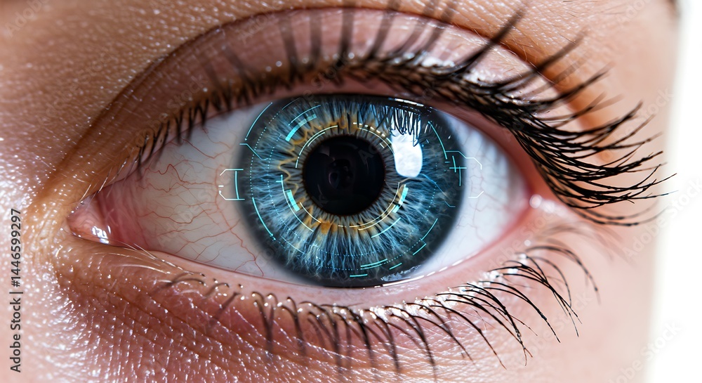 Fototapeta premium Intricate close-up of a captivating blue eye with digital enhancements.