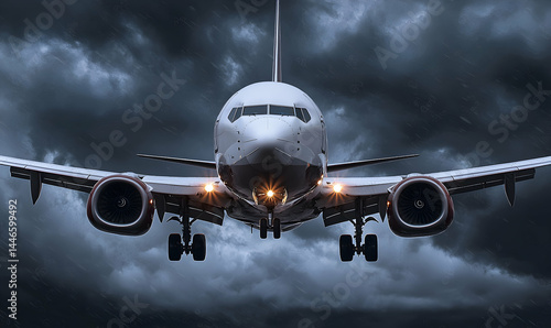 Airplane approach view low-angle airplane ready to land, sky is dark and stormy with rain. Landing lights on