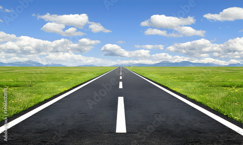Wallpaper Mural Asphalt road stretches into distance, bisecting green meadow under a sky dotted with fluffy clouds Torontodigital.ca