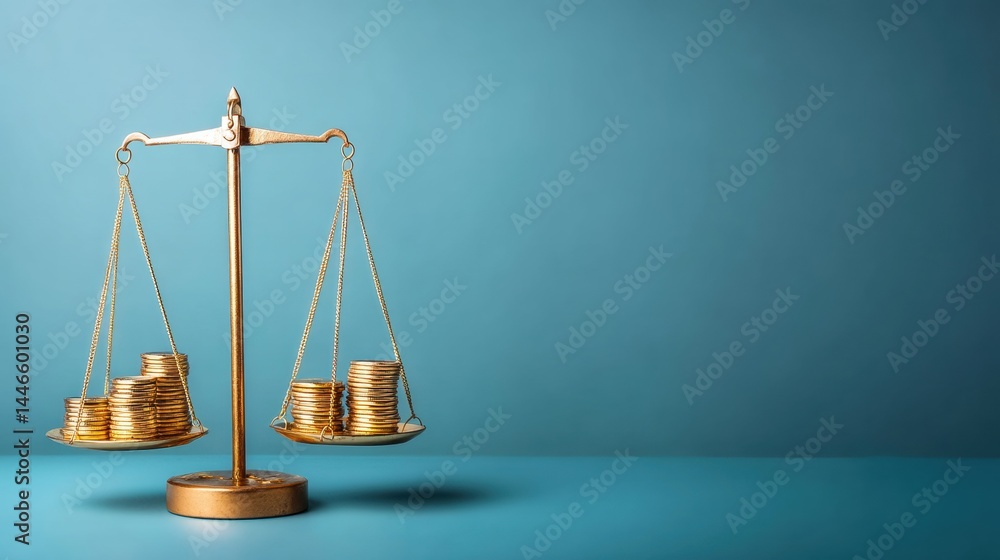 A balance scale with coins on each side against a blue background, symbolizing finance and equity.