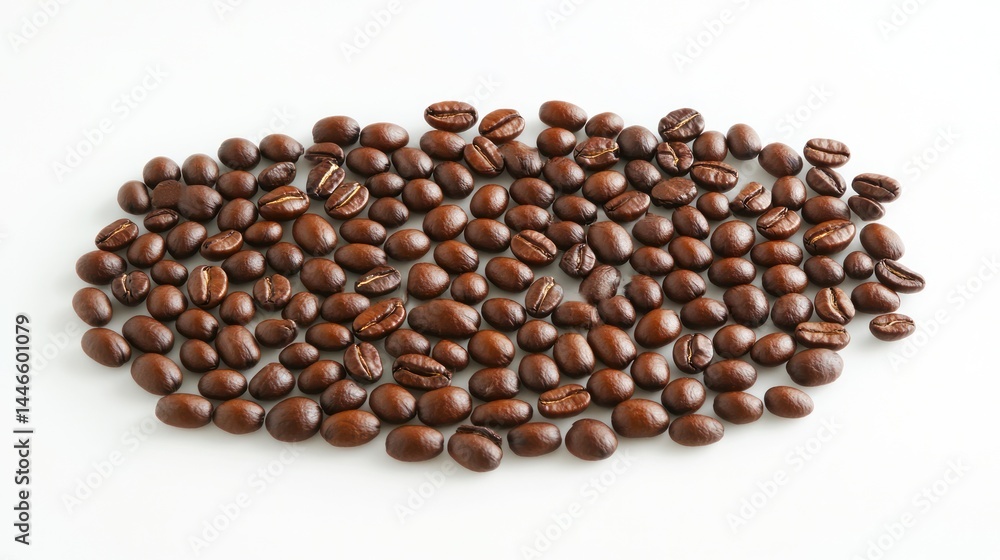Roasted coffee beans arranged in a cluster on a white surface. Dark brown beans with visible texture and some whole ones, scattered across Roasted coffee beans arranged in a cluster on a white surface. Dark brown beans with visible texture and some whole ones, scattered across