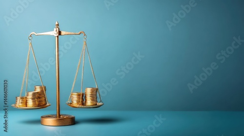 Obraz na płótnie A balance scale with coins on each side against a blue background, symbolizing finance and equity. w salonie