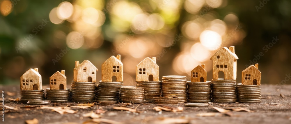Miniature houses atop stacks of coins symbolize real estate investment and financial growth against a blurred natural background.