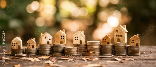 Obraz na płótnie Miniature houses atop stacks of coins symbolize real estate investment and financial growth against a blurred natural background. w salonie