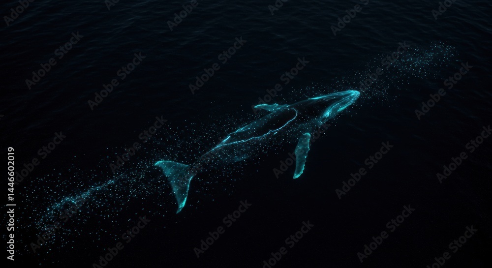 Fototapeta premium Glowing Whale in Dark Ocean - Illustration