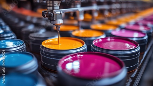 Vibrant paint production in industrial setting featuring colorful tins and precision dispensing