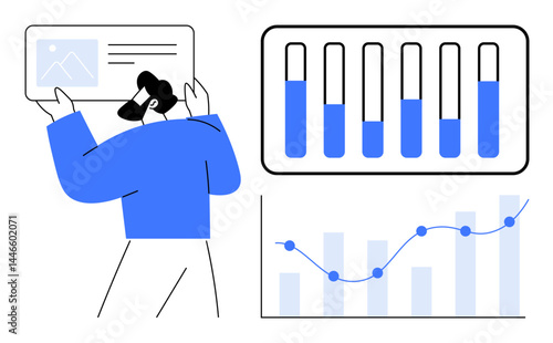 Man reviewing graphical data, including bar graphs and line charts. Ideal for analytics, business management, market research, reporting, education, data trends, simple landing page