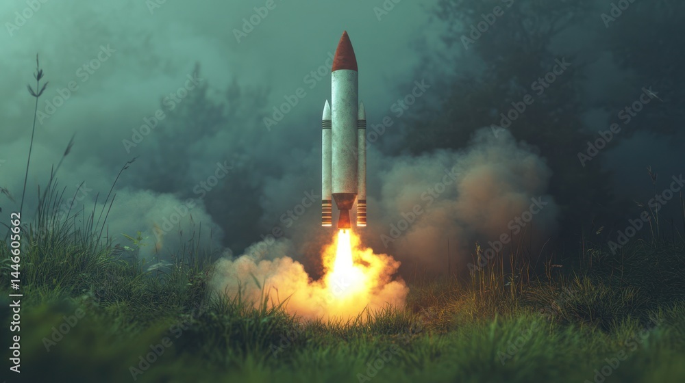 Obraz premium Rocket launch in misty forest