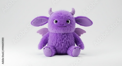 Cute purple monster with tiny wings, soft spikes, and oversized ears, sitting down with a happy expression — clean studio lighting, centered composition.