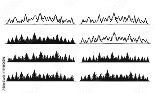 Set of hand-drawn and solid black pine tree silhouette rows in various styles and arrangements, representing dense coniferous forest outlines across a white background.