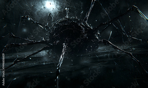 Dark, alien, metallic sphere with appendages in a dim, textured environment evokes science fiction or an abstract representation of technology