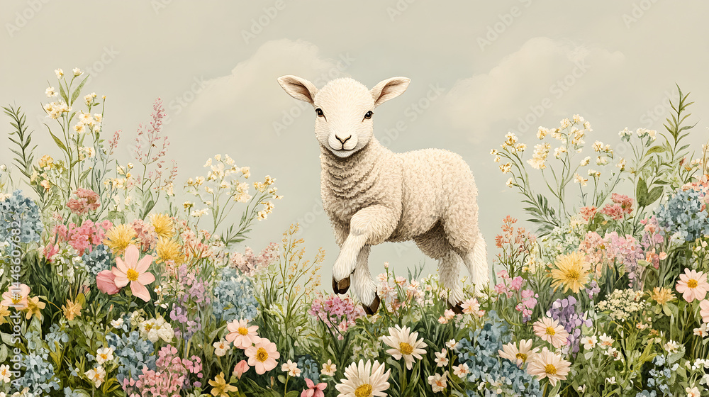 Lamb jumping through meadow scattered with spring blossoms, soft pastel watercolor flowers blending upward into muted beige skies, wide cheerful pastoral view Lamb jumping through meadow scattered with spring blossoms, soft pastel watercolor flowers blending upward into muted beige skies, wide cheerful pastoral view