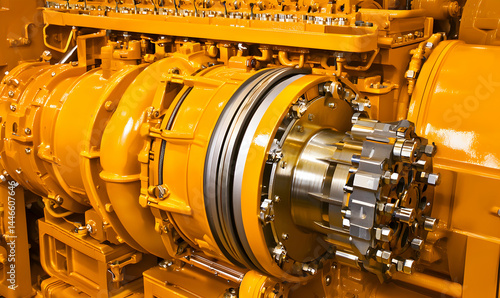 Engine detail shows complex parts in bright yellow paint, with mechanical components and metal surfaces