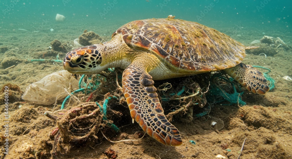 Fototapeta premium Sea Turtle Entangled in Plastic (Photo)