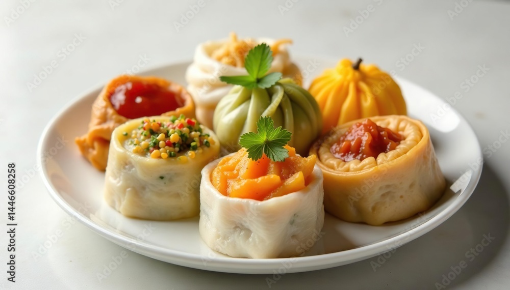 Various dim sum dishes arranged on white plate, cuisine, minimal Various dim sum dishes arranged on white plate, cuisine, minimal