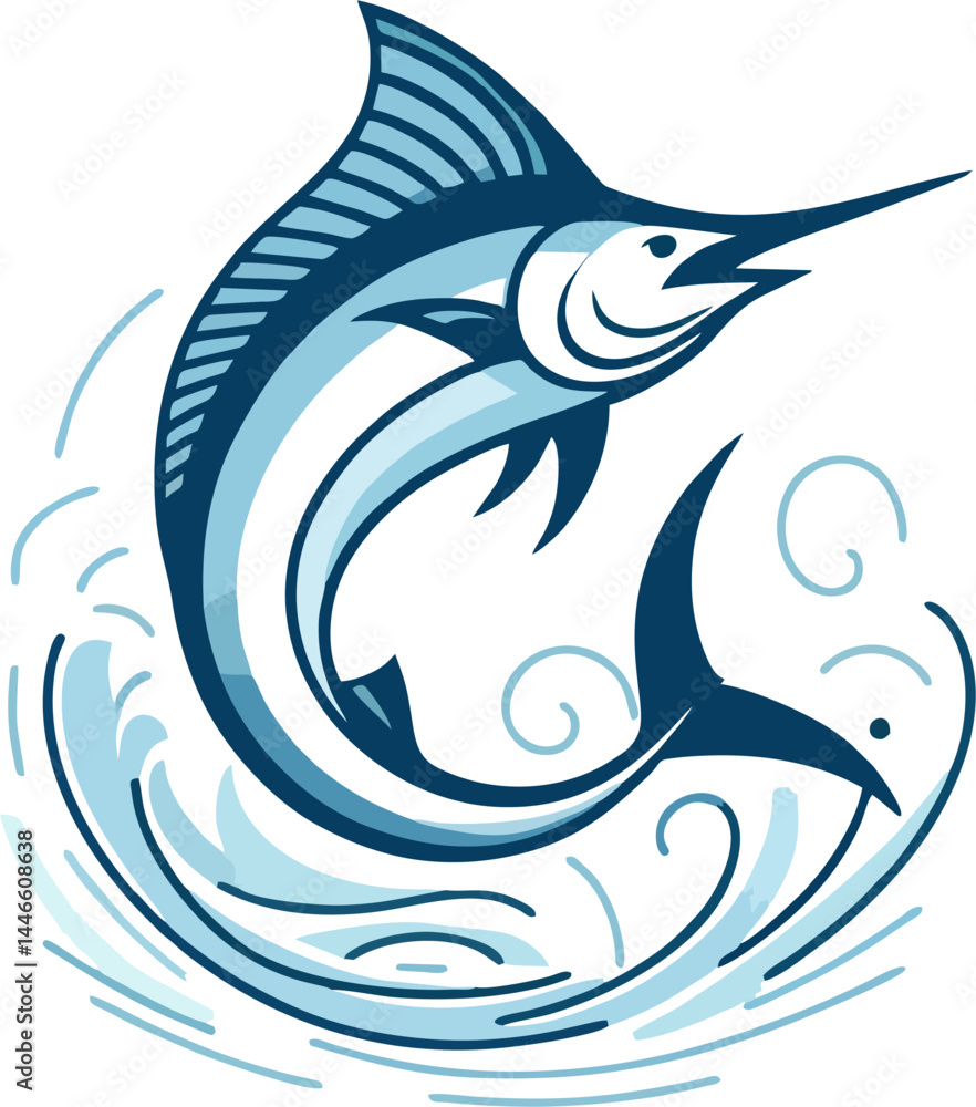 Fototapeta premium Blue Marlin Jumping in Stylized Ocean Scene