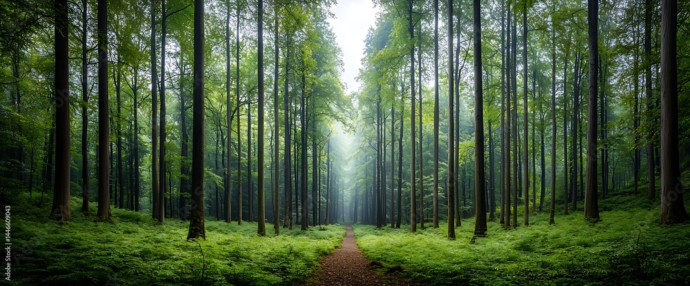 Obraz premium Lush green forest pathway, tall trees, misty atmosphere, tranquil scene, natural beauty