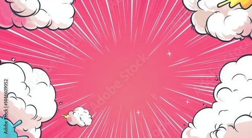 Cartoonish sky background with clouds and radial lines