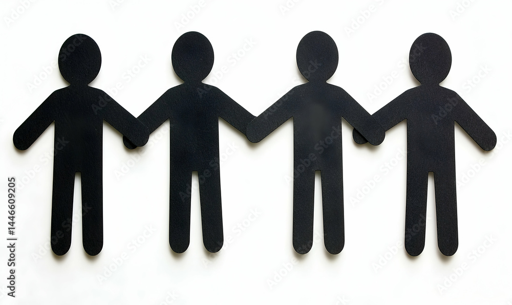 Four black paper cut-out figures holding hands, symbolizing unity, community, teamwork and collaboration on white background Four black paper cut-out figures holding hands, symbolizing unity, community, teamwork and collaboration on white background