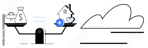Scale balancing bag, dollar, briefcase with house, health, heart, cloud. Ideal for finance, healthcare work-life balance equality wealth management personal budgeting minimalism. Flat simple