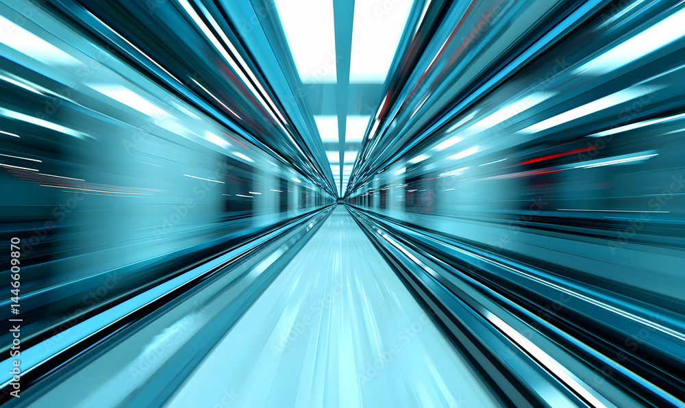Futuristic corridor perspective, streaking lights, blue-toned, tunnel effect, conveying speed and motion in a modern setting Futuristic corridor perspective, streaking lights, blue-toned, tunnel effect, conveying speed and motion in a modern setting