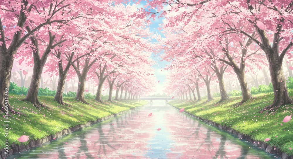 Naklejka premium Cherry Blossom Lined River Illustration
