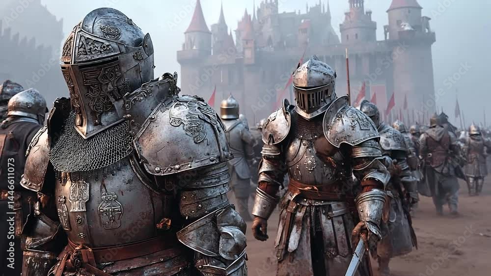 Armored Knights Marching Toward a Castle at Dawn Armored Knights Marching Toward a Castle at Dawn