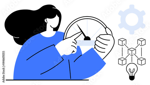 Woman adjusting speed gauge representing innovation and efficiency, next to blockchain diagram, gear, and lightbulb. Ideal for technology, productivity, strategy, innovation, management blockchain