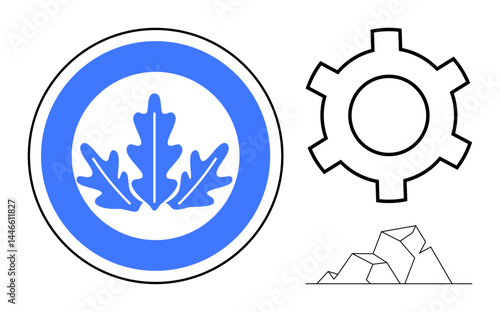 Circular blue emblem with oak leaf, outlined gear icon, and fragmented abstract rock shapes. Ideal for nature, sustainability, innovation, industry, technology, progress simple landing page