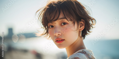 海辺を散歩するショートヘアーの若い女性 Generative AI