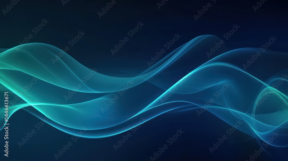 Teal and dark blue abstract wavy lines on a dark background. Glowing, translucent effect Teal and dark blue abstract wavy lines on a dark background. Glowing, translucent effect