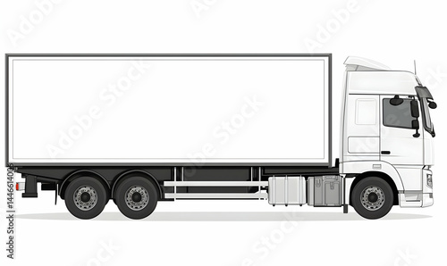 Isolated white semi-truck with a large cargo trailer and black tires viewed in profile, on a transparent background