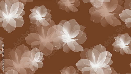Floral seamless pattern features translucent camellia flowers in shades of br...